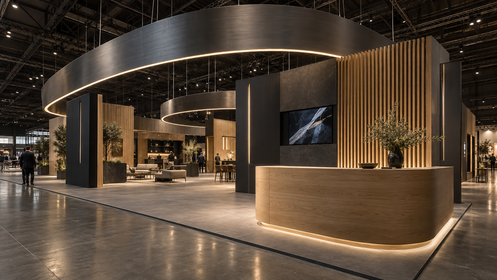 Stand monumental : anneaux suspendus, claustra en chêne, banque d’accueil cintrée