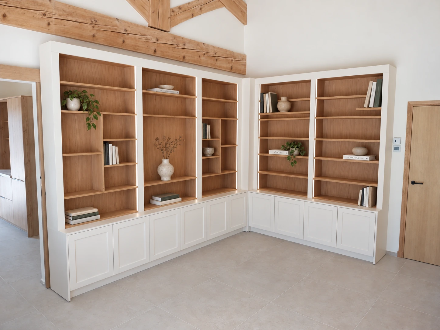 Bibliothèque d’angle : niches à fond bois, portes basses blanches, sous une charpente apparente