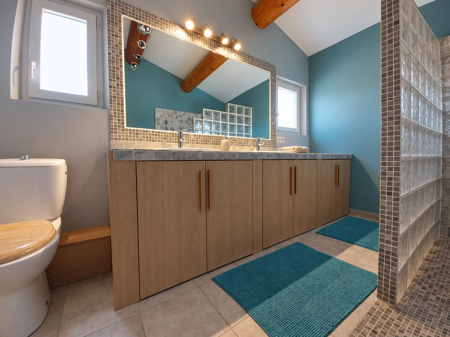 Long meuble sous deux vasques, portes à décor bois clair et poignées bois verticales