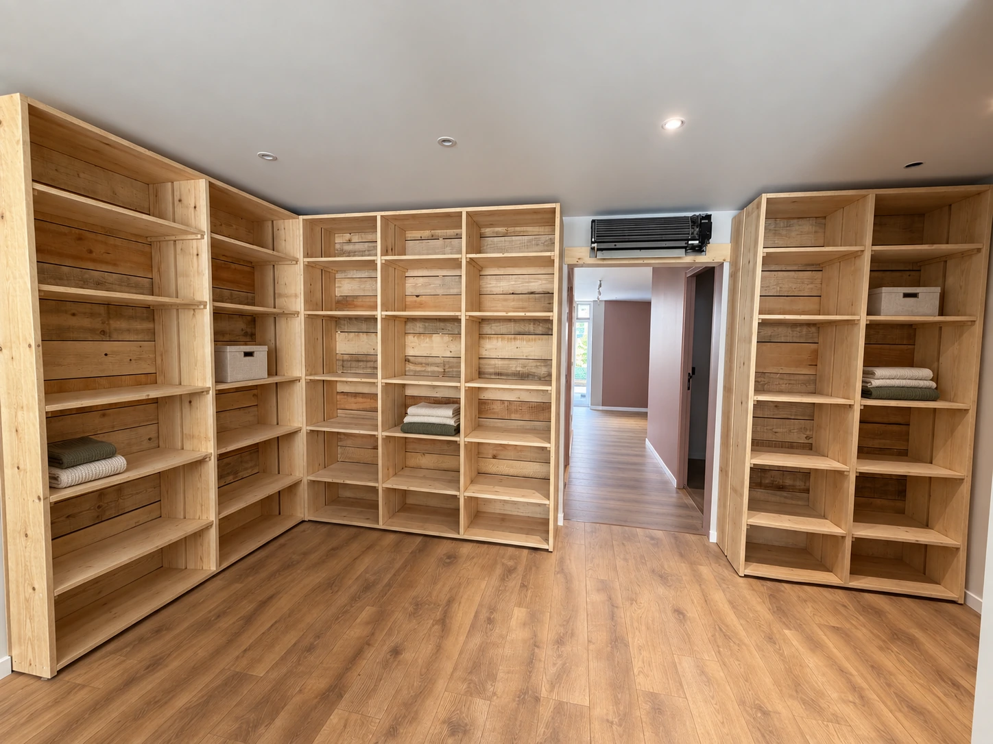 Dressing ouvert : rayonnages en bois clair sur plusieurs murs, de part et d’autre d’un passage